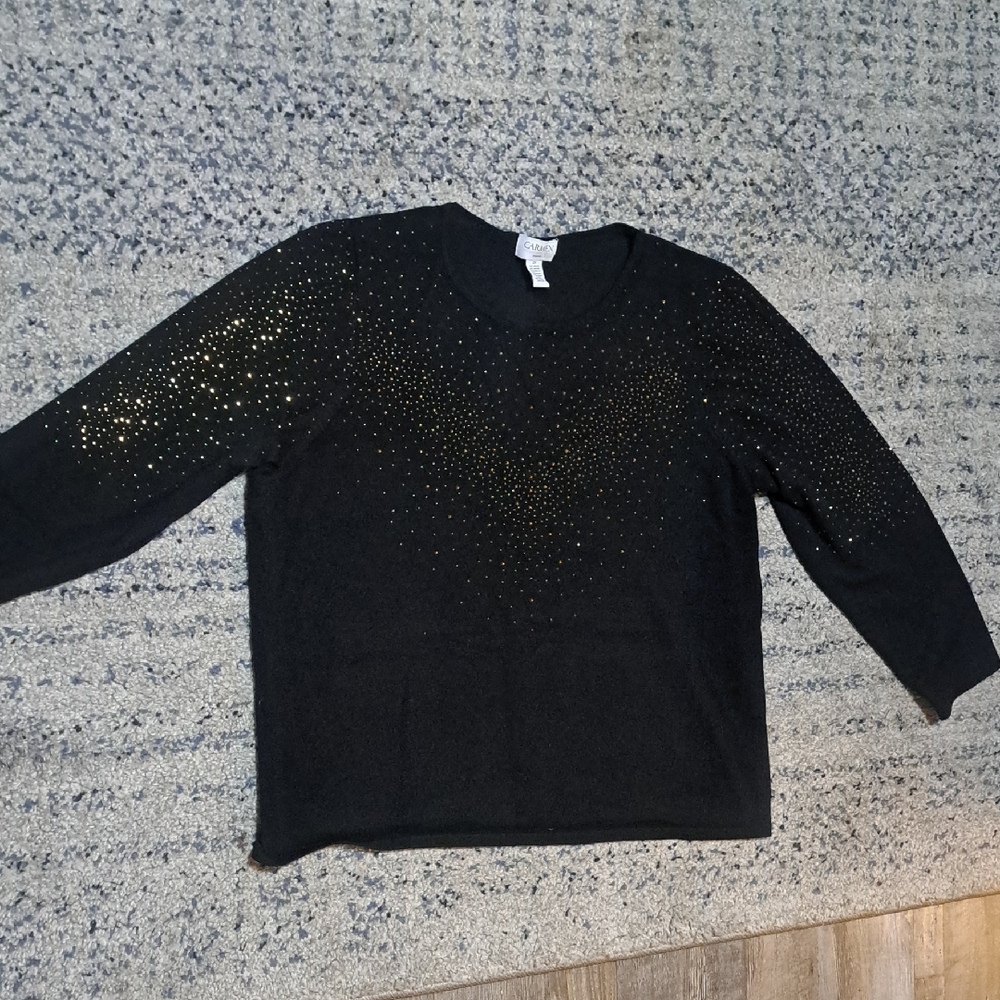 Carmen Marc Valvo Black Long Sleeve Top with Gold Accents
